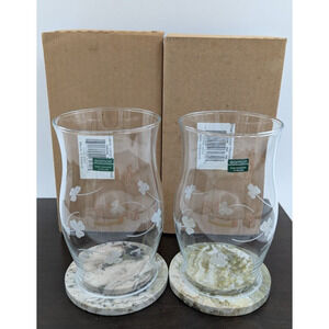 2 Eamon Glass Tealight Candleholder Hurricane Etched Shamrock Marble Base Irish